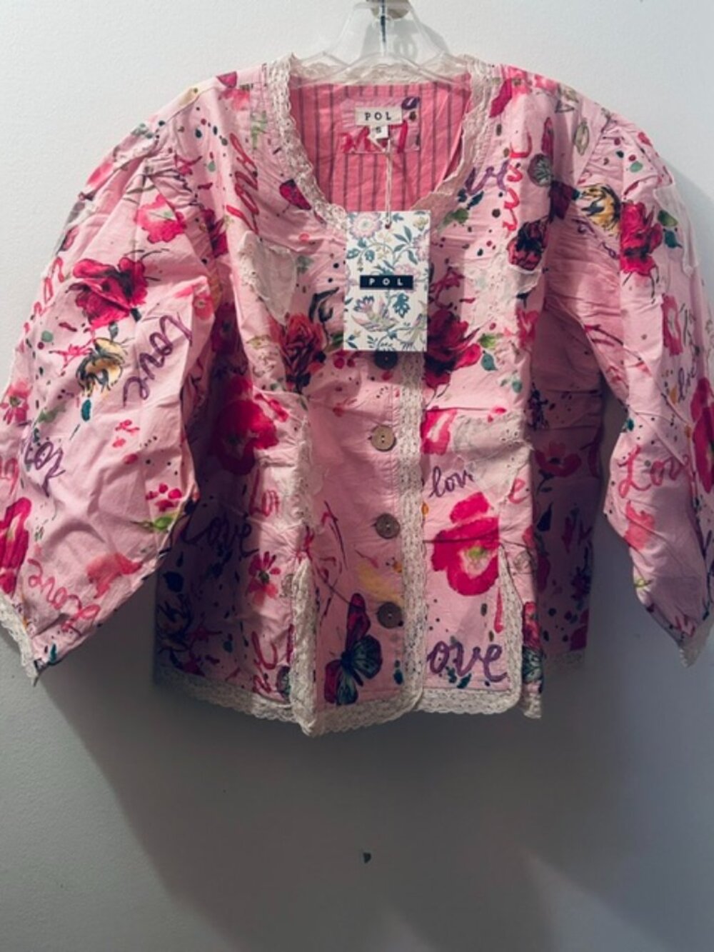 POL Pink LOVE Rose Butterfly Kisses Lace Patch Stripe Lining Button Jacket NWT
